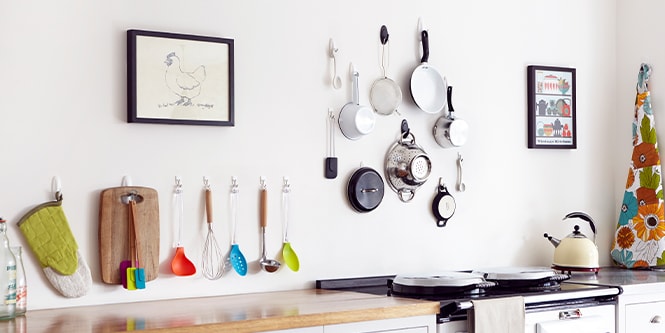 wall organizer hooks for hanging items in the kitchen such as pots, pans, and utensils
