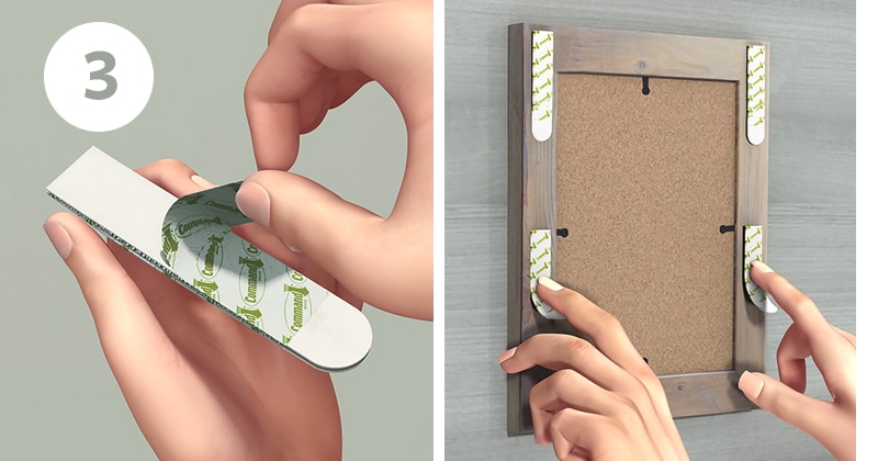 Step 3 of how to use command to hang pictures -  remove one side of liners, stick on frame, and press firmly.
